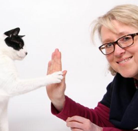 Petra Bauer und eine Katze legen Hand und Pfote gegeneinander.