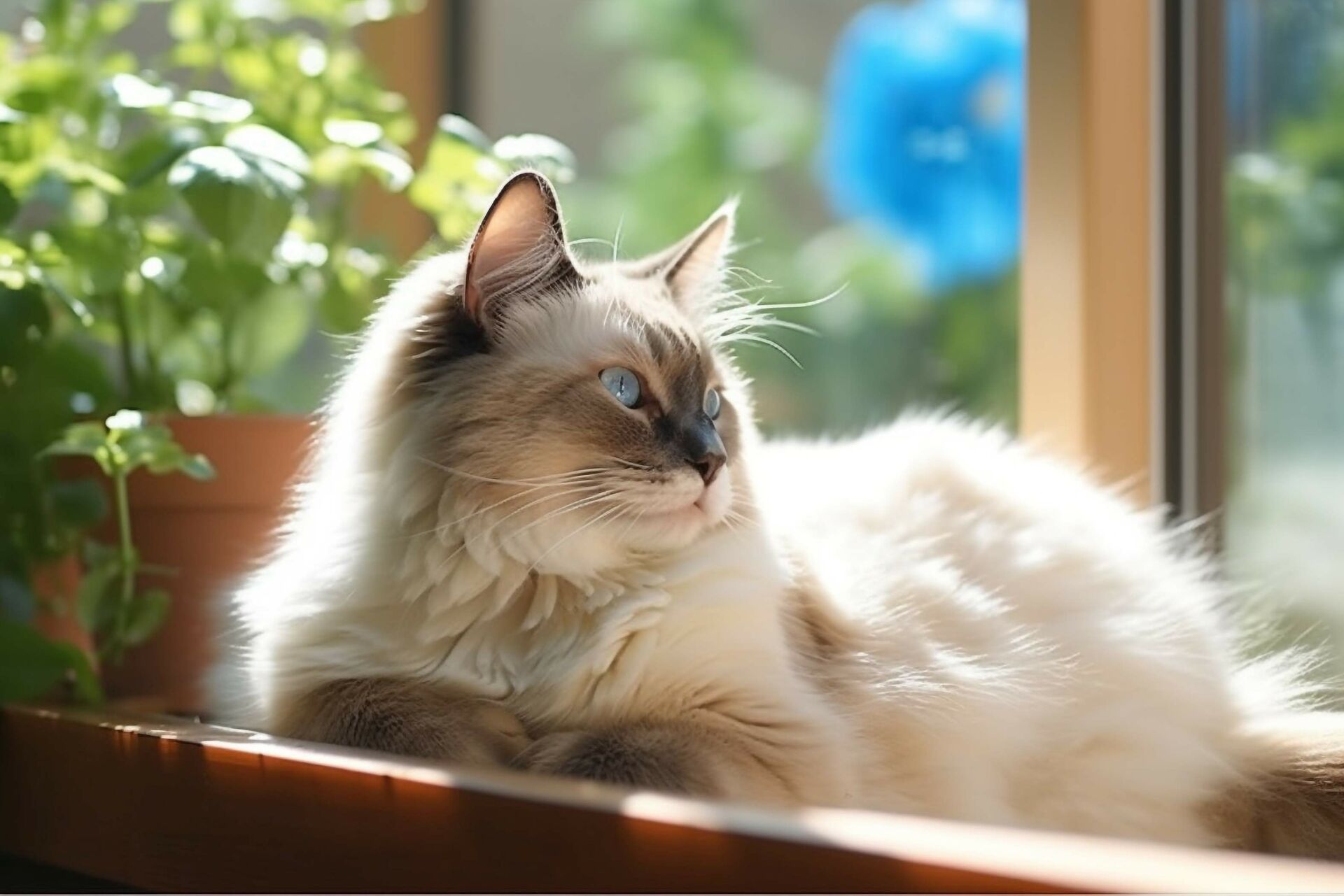 Eine Ragdoll-Katze liegt auf einer Fensterbank und sonnt sich.