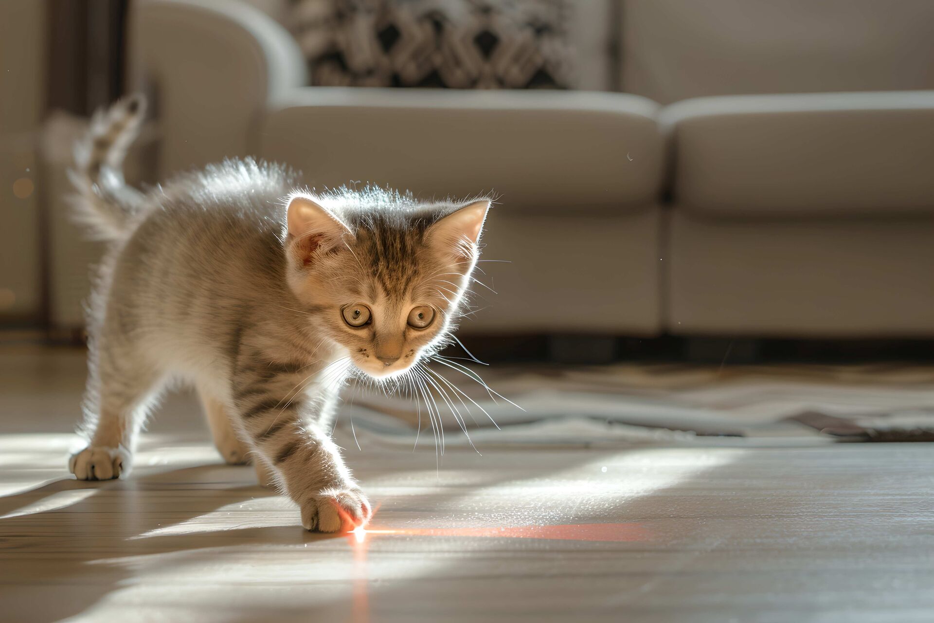 Kitten läuft dem Lichtstrahl eines Laserpointers im Wohnzimmer hinterher.