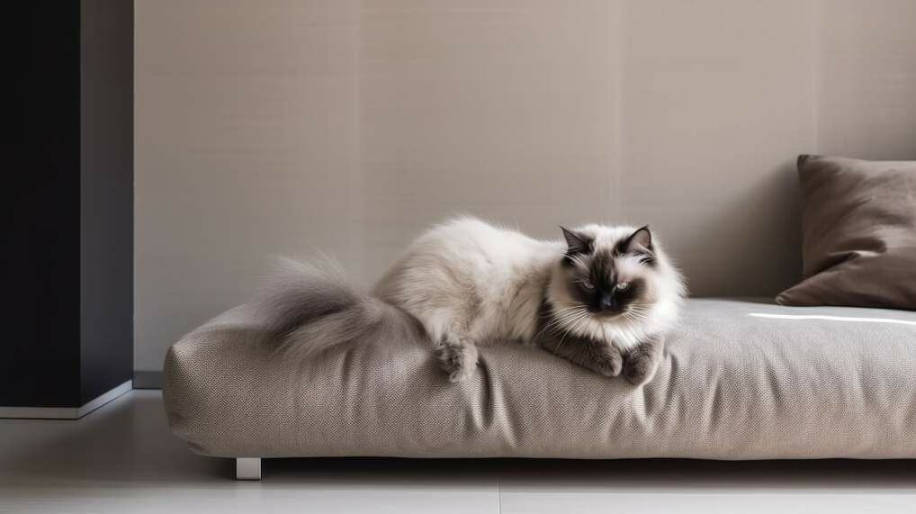 Eine Ragdoll-Katze entspannt sich auf einem flachen Sofa.